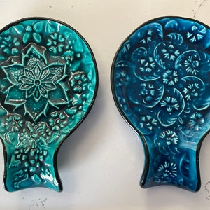 Blue & Turquoise Turkish Ceramic Spoon Rest, Authentic Ladle Scoop Fork Rest, Stove Tea Bag Holder, Kitchen Utensil Holder, Gift for Home