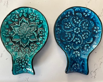Blue & Turquoise Turkish Ceramic Spoon Rest, Authentic Ladle Scoop Fork Rest, Stove Tea Bag Holder, Kitchen Utensil Holder, Cook Home Gift