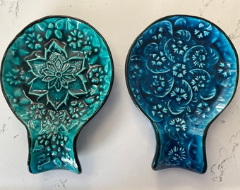 Repose-cuillère en céramique turque bleu et turquoise, authentique porte-cuillère pour louche, porte-sachet de thé pour cuisinière, porte-ustensiles de cuisine, cadeau pour la maison