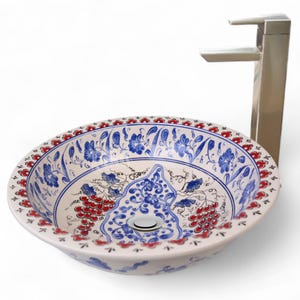 Bathroom Ceramic Blue Basin with Red Grape, Kitchen Vessel Sink, Countertop Basin, Bathroom Design, Washstand, Master Bath Vanity Sink Bowl