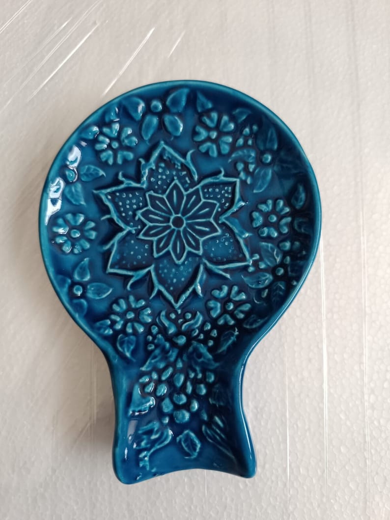 Blue & Turquoise Turkish Ceramic Spoon Rest, Authentic Ladle Scoop Fork Rest, Stove Tea Bag Holder, Kitchen Utensil Holder, Gift for Home image 10