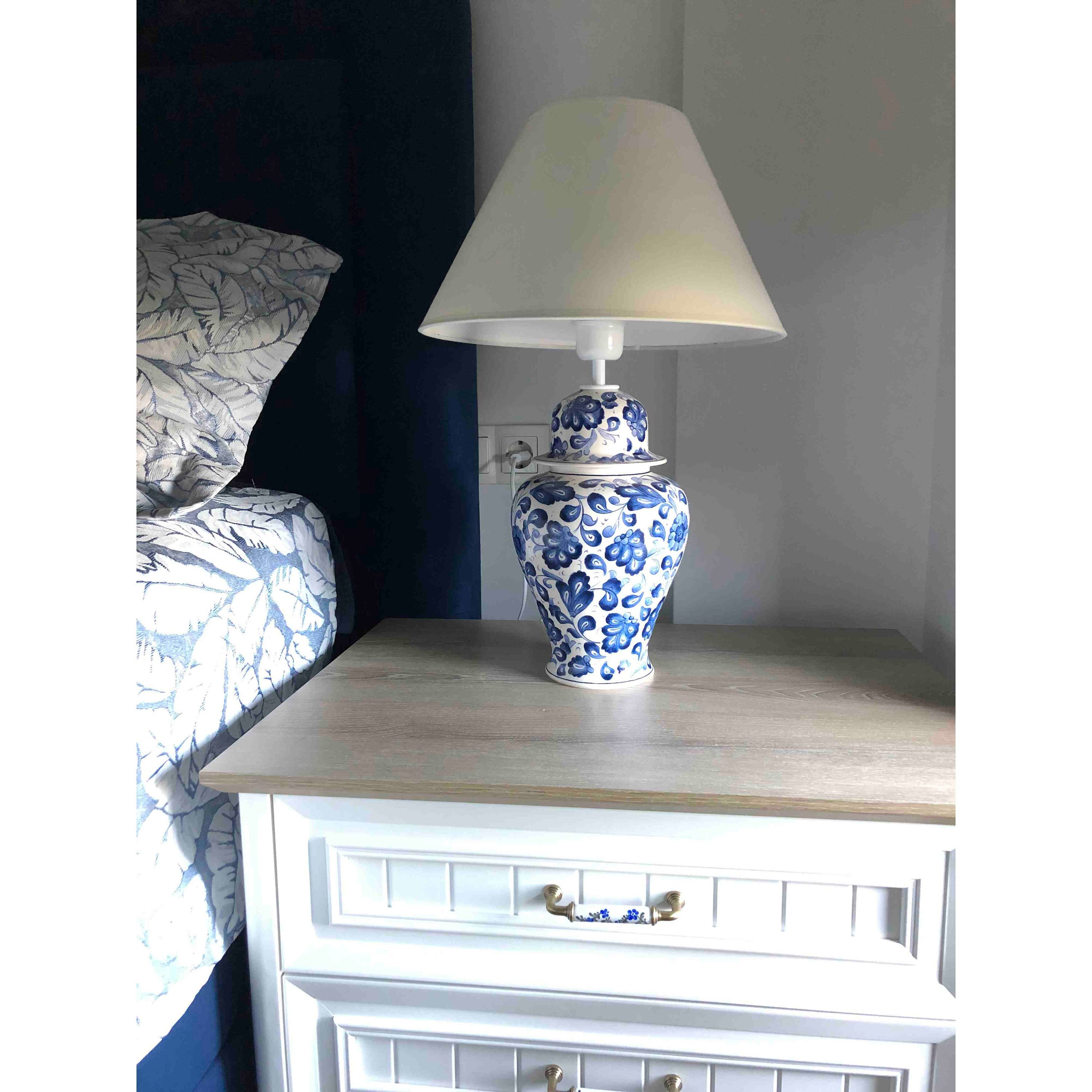 Tall blue online and white lamps