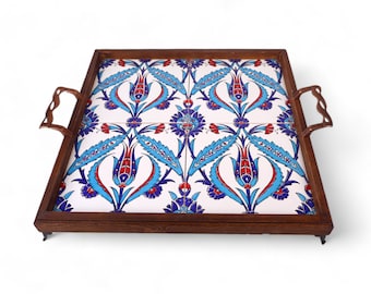 Large Wooden Serving Tray & Ceramic Tile, Decorative Floral Tile, Mexican Turkish Oriental Tile, Organizer, Coffe Serving, Breakfast Platter