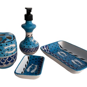 Bathroom Accessories Set with Sharks, Liquid Soap Dispenser with Pump, Toothbrush Holder, Soap Dish, Lotion Dispenser, Bathroom Ocean Decor
