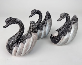 Ceramic Swan Figurine, Night & Moon Design, Realistic Sculpture Art, Animal Gift, Miniature art, Fireplace decor, Black Swan lover gift