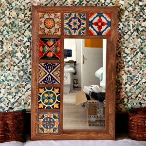 Ethnic Wall Hanging Tiled Wood Mirror, Rustic Console Mirror, Country House Kid Mirror, Bohem Framed Decorative Ceramic Tiled Nursery Mirror