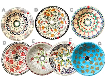 Handmade Countertop Basin, Hand painted Vessel, Mediterranean Ceramic Sink, Moroccan Round Washbasin, Oriental Bathroom Drop in Sink, Round
