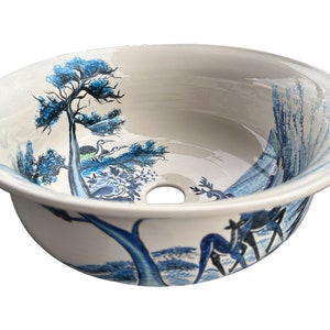Blue Animal Vanity Vessel Sink, Bathroom Washbasin, Powder Sink, Pottery Round Decorative Sink, Ceramic Japanese Basin, Bathroom Remodeling