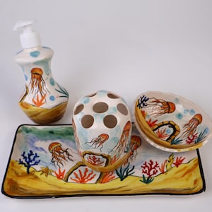 Bathroom Accessories Set with Jellyfish Design, Liquid Soap Dispenser &  Pump, Toothbrush Holder, Soap Dish, Lotion Dispenser, Bath Gifts