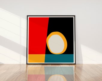 Quadratischer mutiger abstrakter Druck, farbige Aufnäher und Ball, abstrakte Kunst, minimalistische Kunst, zeitgenössische Kunst, Innenarchitektur.