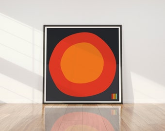 Impression abstraite carrée audacieuse, gris foncé avec cercle orange, art abstrait, art minimaliste, art contemporain, design d'intérieur.