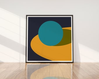 Impression abstraite carrée audacieuse, cercle et ombre, bleu et jaune, art abstrait, art minimaliste, art contemporain, décoration d'intérieur.