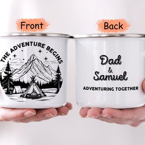 Personalized Adventure Together Enamel Mug, Unique Outdoor Travel Enamel Cup, Perfect Dad Gift, Mom Present, Personalized Camping Gear