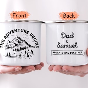 Personalized Adventure Together Enamel Mug, Unique Outdoor Travel Enamel Cup, Perfect Dad Gift, Mom Present, Personalized Camping Gear