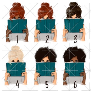 May include: Six illustrations of women with different hairstyles and skin tones, each holding a teal book in front of their face. The women are wearing grey shirts and are numbered 1 through 6.