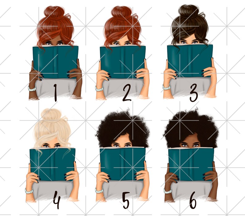 May include: Six illustrations of women with different hairstyles and skin tones, each holding a teal book in front of their face. The women are wearing grey shirts and are numbered 1 through 6.