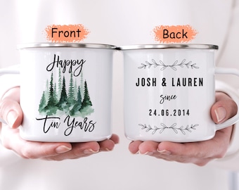 Conjunto de caneca personalizada de 10º aniversário, anos de lata, presente de aniversário de lata, 10º aniversário de casamento, 10º aniversário para ele, canecas esmaltadas