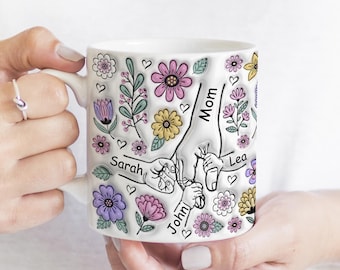 Personalized Mother's Day Mug 3D Floral Kids Names Gift