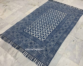 Hand Block Print Cotton Rug, Navajo Kilim Rug, Blue Indigo Rug, Boho Bohemian Rug, Bedroom Rug, Living Room Rug, 4x6, 5x8, 6x9, 8x10, 9x12'