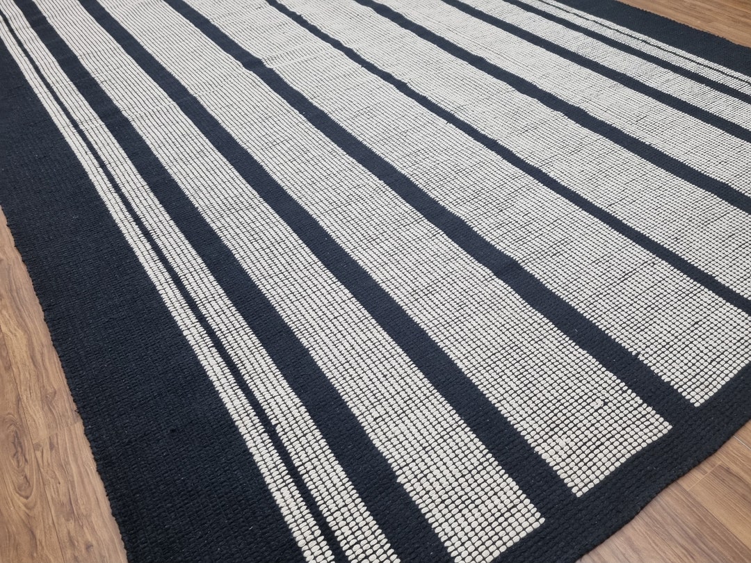 Black White Stripe Rug Handwoven Cotton Rug Eco Friendly Etsy