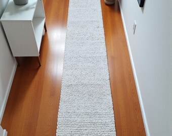 Hand Loom Wool Rug White Cozy Wool Rug Handmade Bedroom Dining Area Entryway Hallway Chunky Runner Rug Large Rug for Living Room