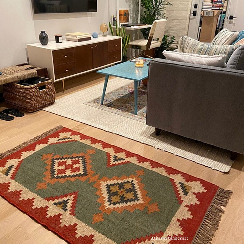 Hand Woven Jute Wool Rug Handmade Navajo Kilim Rug Aztec - Etsy