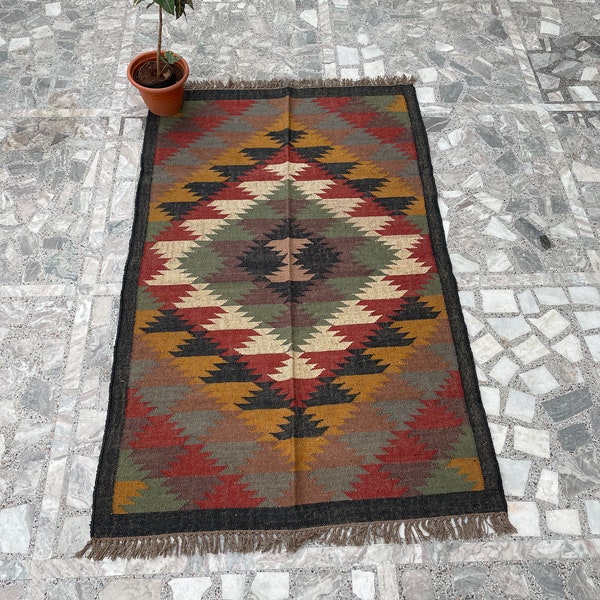 Handmade Wool Jute Rug, Navajo Kilim Rug, Aztec Rug, Accent Rug, Outdoor Rug/Indoor Rug, Living/Dinning Room