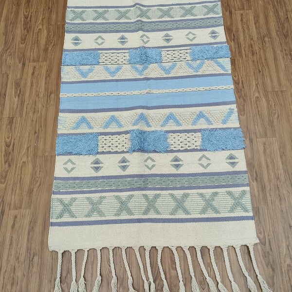 Beni Ourain Rugs, Blue White Moroccan Rug, Handmade Wool Cotton Rug, Living Room Rug, Kitchen Rug, Bathroom Rug Aztec Navajo Rug 3x5 Ft Rug