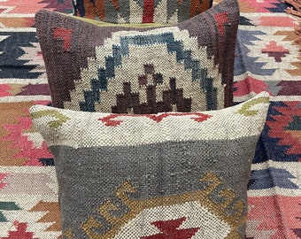 Housse de coussin fait main en laine et jute kilim, 18 x 18 pouces, décoration bohème, lot de 3 housses de coussin