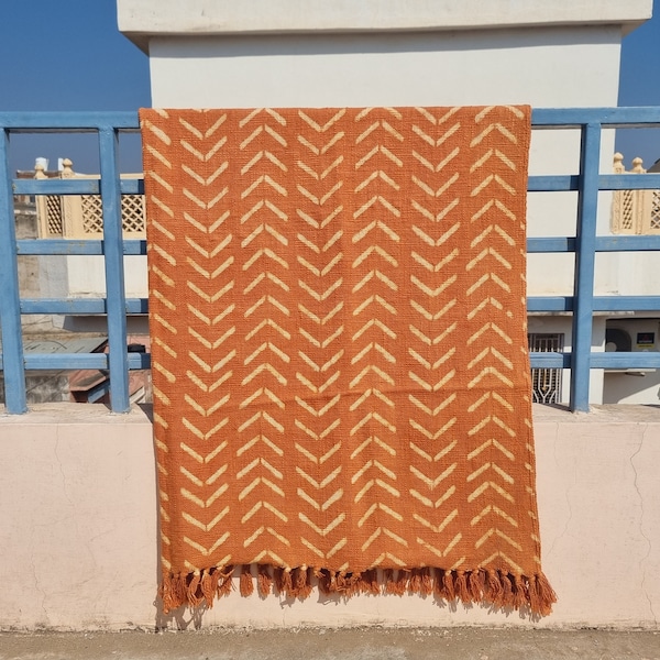 Mudcloth Throw Blankets for Sofas, Rust Throw, Hand Loom Hand Block Printed Bed Runner Boho Cotton Fringed Blanket Beach Throw 50x70 Cms