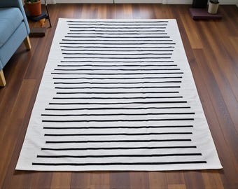 Tapis rayé en coton fait main, tapis rayé blanc et noir, tapis d'entrée, tapis de couloir, tapis de chevet, tapis de salon, tapis de chambre, tapis sur mesure