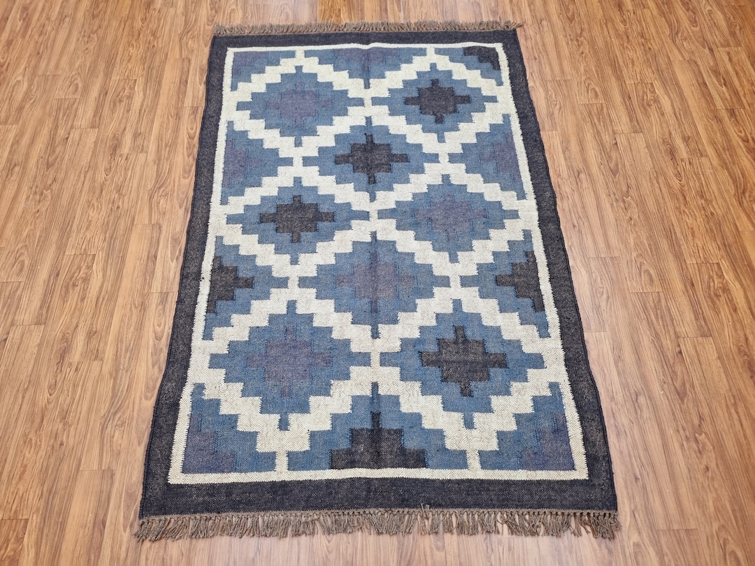 Handwoven Wool Jute Rug Black Blue Rug Custom Size Rug Etsy