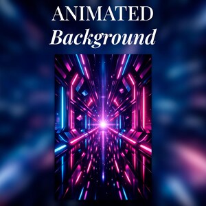Pode incluir: Um fundo animado com um design de túnel futurista. A imagem apresenta uma vista em perspectiva de um corredor com luzes de néon azuis e rosas, criando uma sensação de profundidade e movimento. O texto "ANIMATED Background" está no topo.