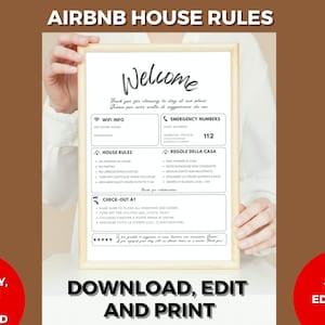 Tweetalig Airbnb-welkomstbord Huisregels wifi noodcontacten 100% bewerkbare afdrukbare PDF afbeelding 1