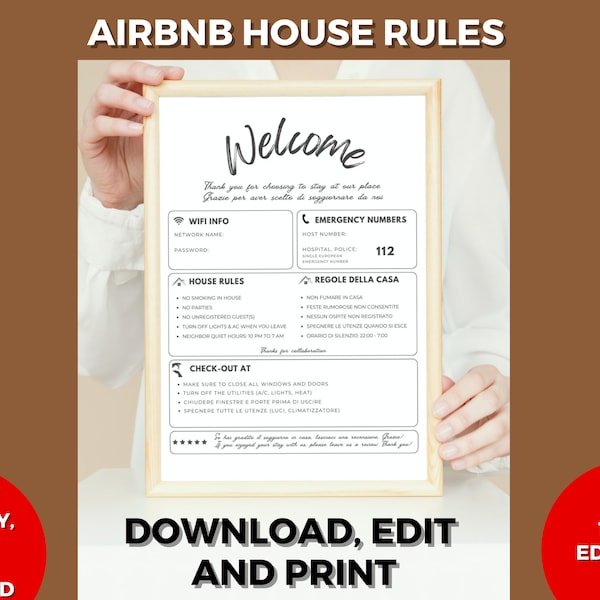 Cartel de bienvenida bilingüe de Airbnb | Reglas de la casa | wifi | contactos de emergencia | PDF imprimible 100% editable