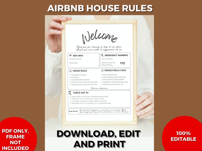 Cartello benvenuto Airbnb bilingue Regole della casa wi-fi contatti emergenza PDF stampabile 100% editabile immagine 1