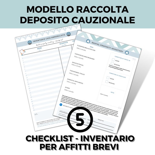 Modulo di RISCOSSIONE DEPOSITO CAUZIONALE, inventario e check list per affitti brevi