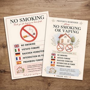 No Smoking Sign Printable PDF, Multilingual Vacation Rental House Rules, No Vaping Poster Instant Download, Airbnb Signs US Letter, A4