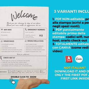 Cartello benvenuto Airbnb bilingue Regole della casa wi-fi contatti emergenza PDF stampabile 100% editabile immagine 2