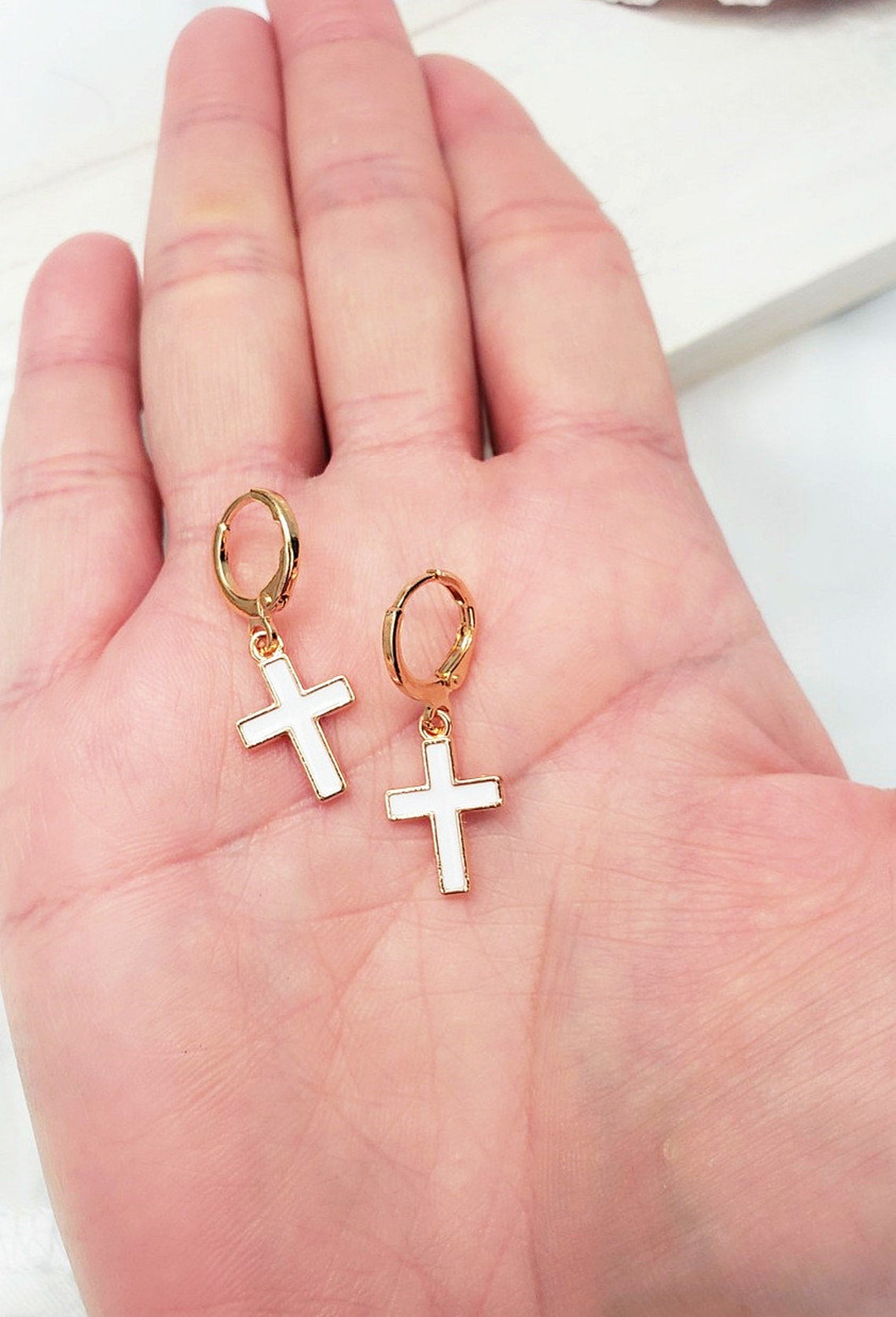 Cross Clip on Earrings for Kids. Tiny White Cross Dangle Earrings