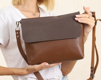 Brown Tan Leather Crossbody Purse for Women, Two Colour Designer Custom HandBag, Shoulder Handbag with Zipper Option, Gifts for Her Friend