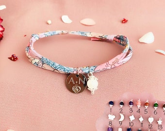 Bracelet personnalisé liberty bleu et rose . Idée cadeau femme enceinte.