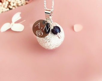 Sandblasted effect silver pregnancy bola and personalized engraved medallion in 925 silver plated and semi-precious stone charm