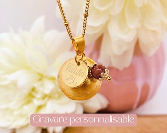 Pregnancy bola and personalized engraved medallion in 18k gold plated and semi-precious stone charm