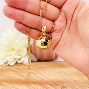 May include: A gold chain necklace with a round gold pendant and a small brown stone charm. The necklace is on a hand.