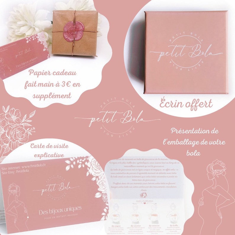 May include: A pink and white illustrated card with the text "Petit Bola" and "Des bijoux uniques" in a white circle. The card also includes the text "Papier cadeau fait main &agrave; 3&euro; en suppl&eacute;ment" and "Carte de visite explicative".