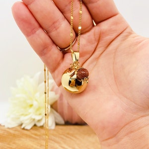 May include: A gold chain necklace with a round gold pendant and a small brown stone charm. The pendant has a textured surface.
