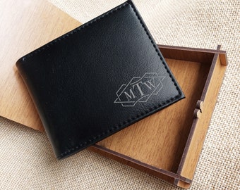 Engraved MONOGRAMMED Wallet for Men - Vegan Leather Black Wallet - Personalized Wallet with Wooden Box - Gift For Husband