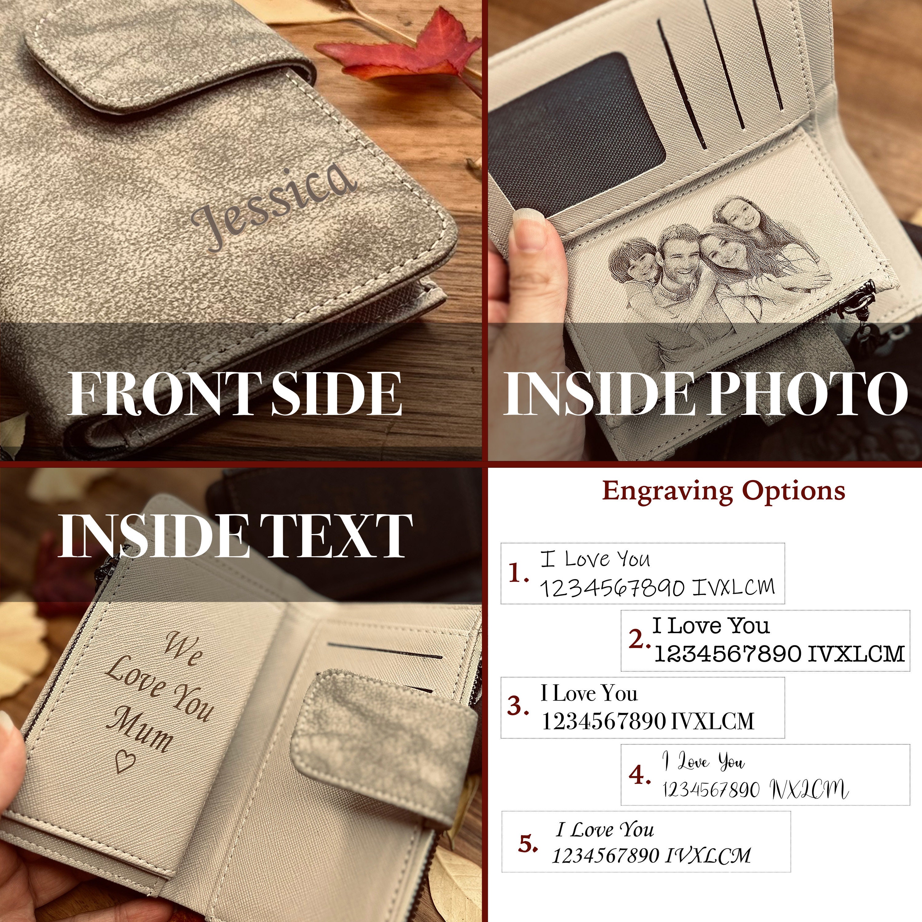PERSONALIZED MOTHER GIFT - Women&#39;s Photo Wallet - Custom Engraved Vegan Leather Long Clutch - Christmas Gift For Her