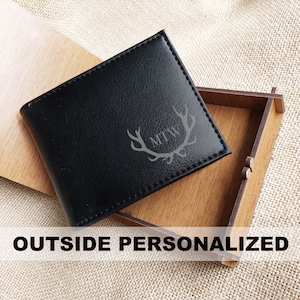 Personalisierte MONOGRAMM Portemonnaie für Männer - Vegane Leder Schwarze Brieftasche - Personalisierte Brieftasche mit Holzbox - Freund Geschenk